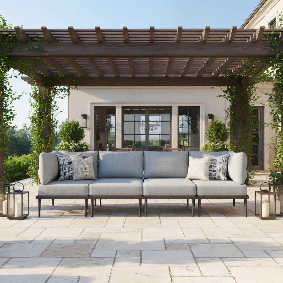 Sundale Outdoor 4 Pieces Patio Furniture Set, Metal Sectional Sofa Patio Conversation Set with 6 Inch Cushions, Modern Patio Corner Couch for Balcony, Porch, Sunroom (Grey/Dark Grey)