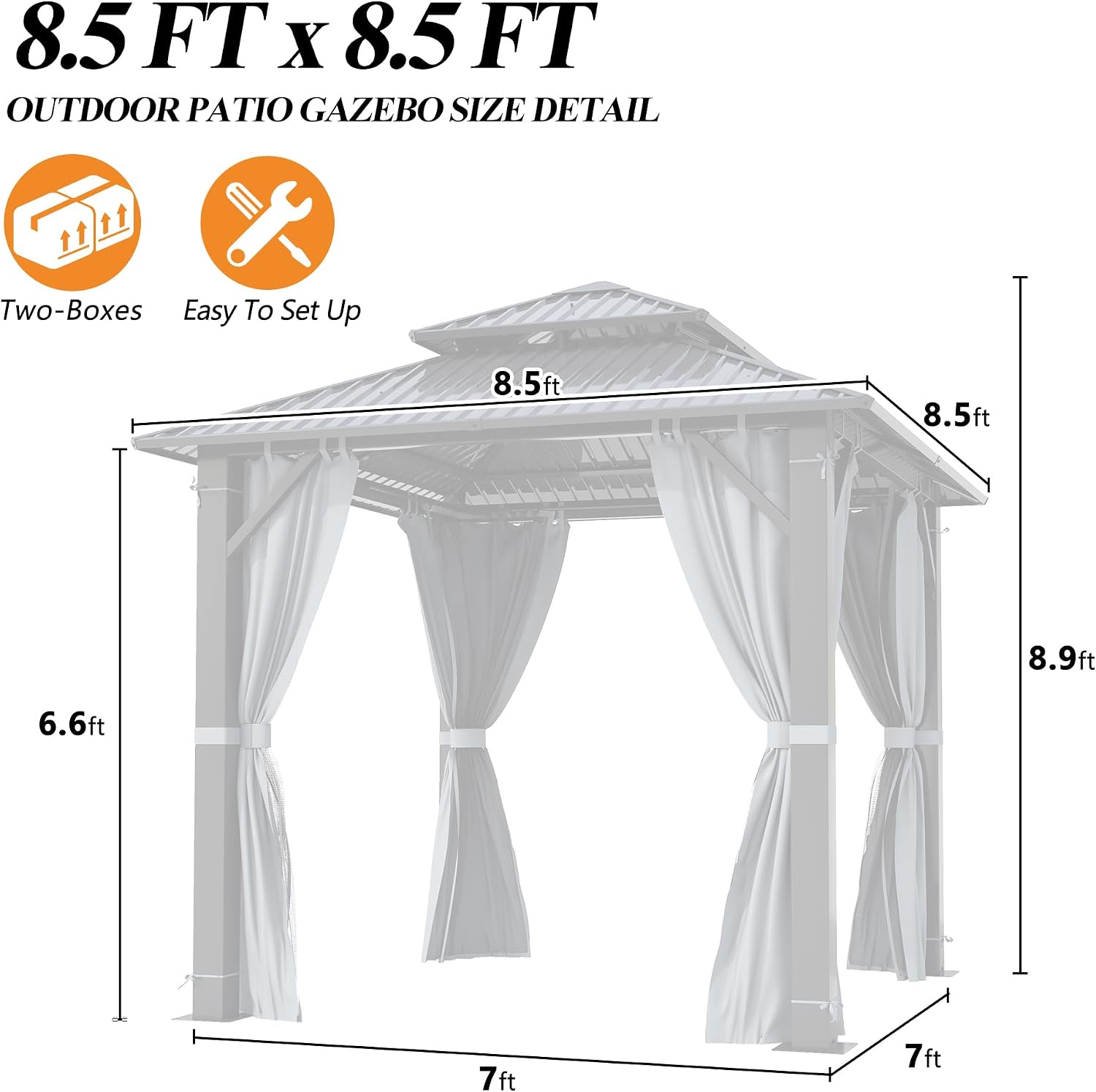 GARTOO 8.5x8.5FT Outdoor Hardtop Gazebo with Double Roof - Aluminum Heavy-Duty Steel Top Gazebo with Breathable Netting & Privacy Curtain for Patio, Porch, Garden, Lawn, Deck, Backyard