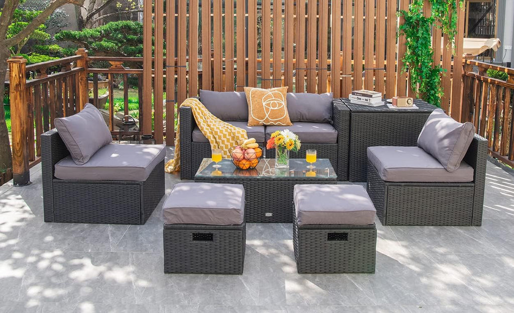 Tangkula 8 Pieces Patio Furniture Set with Waterproof Cover, Patiojoy Space Saving Outdoor PE Rattan Set with Storage Box, Tempered Glass Table, 2 Ottomans, 2 Armless Sofas & Corner Sofas