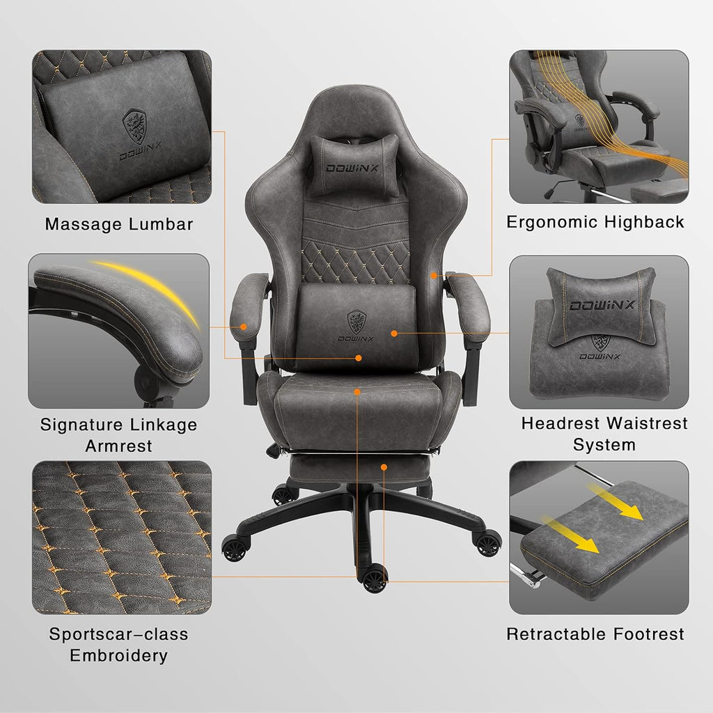 Dowinx Gaming Chair Big and Tall, Ergonomic Game Chair for Adults with Footrest and Massage Lumbar Support, High Back Computer Gamer Chair PU Leather, 350Lbs, for Office, Home, Grey
