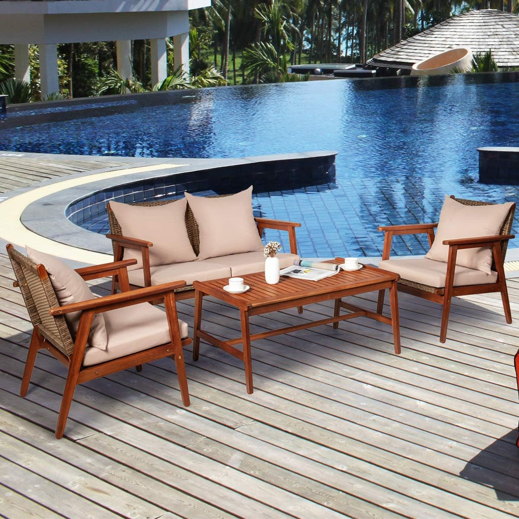 Tangkula 8 PCS Patio Wood Sofa Set, Outdoor Acacia Wood Seating Chat Set with Cushions & Coffee Table, Sectional Conversation Sofa Set for Garden, Backyard, Poolside (2, Brown)