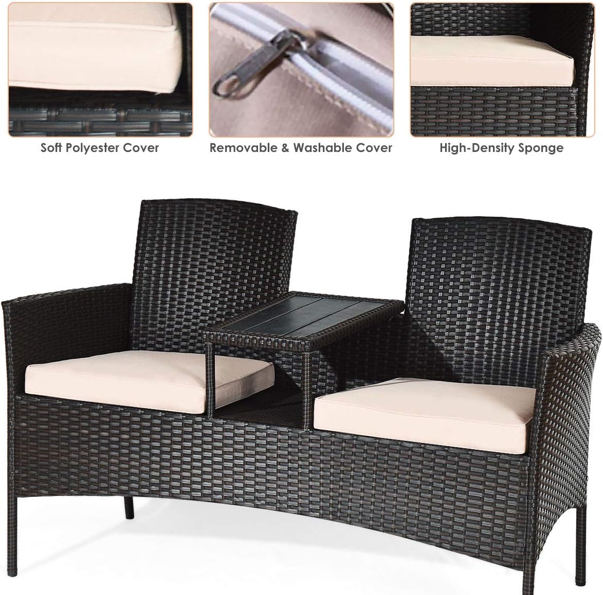 COSTWAY 2-Seat Patio Conversation Sets, Outdoor Patio Loveseat Set with Removable Cushions & Built-in Coffee Table for Backyard, Garden, Lawn, Balcony, Brown+Beige