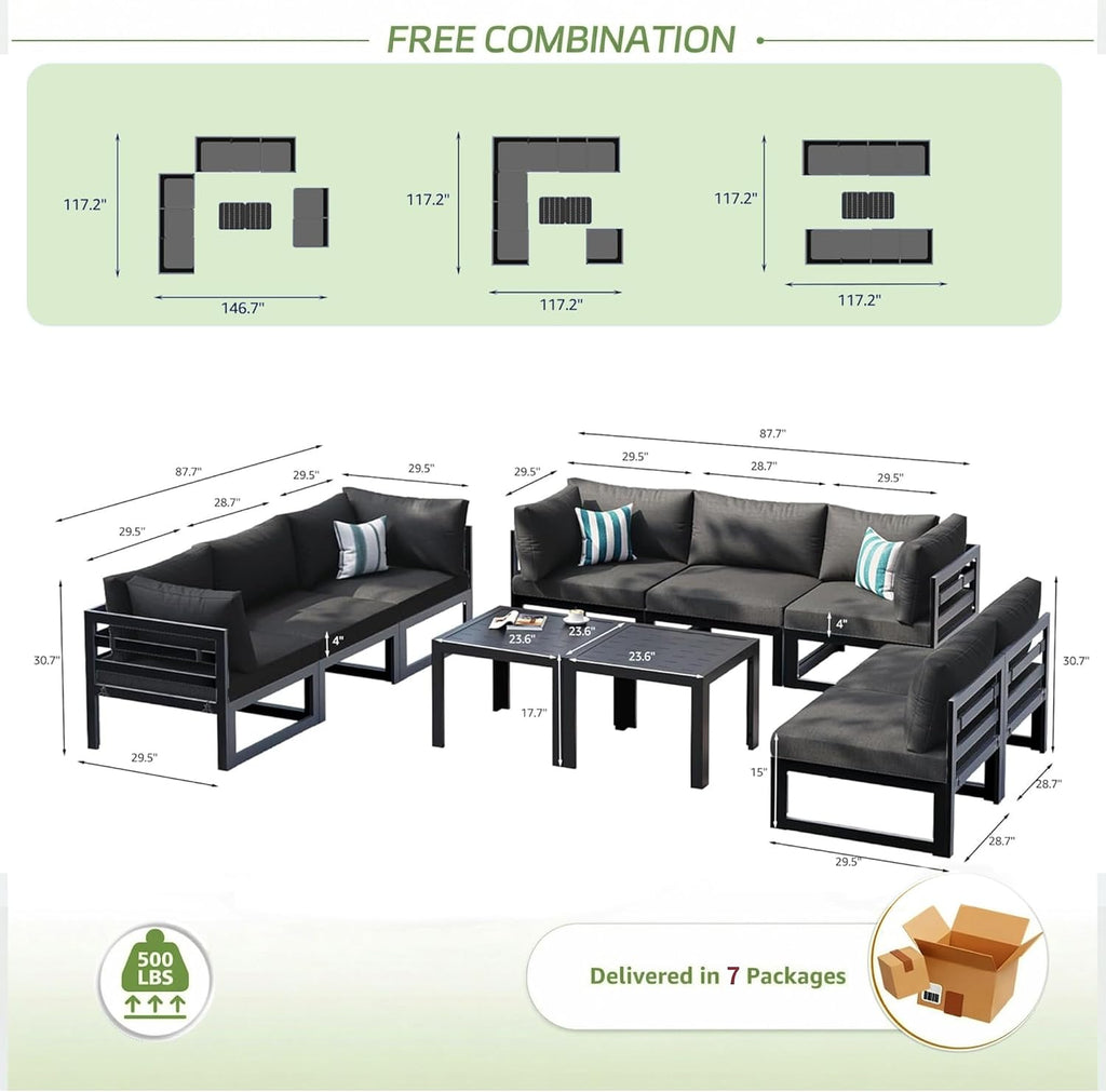 RADIATA 10 Piece Modern Aluminum Outdoor Patio Furniture Set, 29' Wide Deep Seating, Fade Water Resistant U Shaped Modular Sectional Couch, Large Comfy Conversation Set for Backyard Garden, Dark Gray