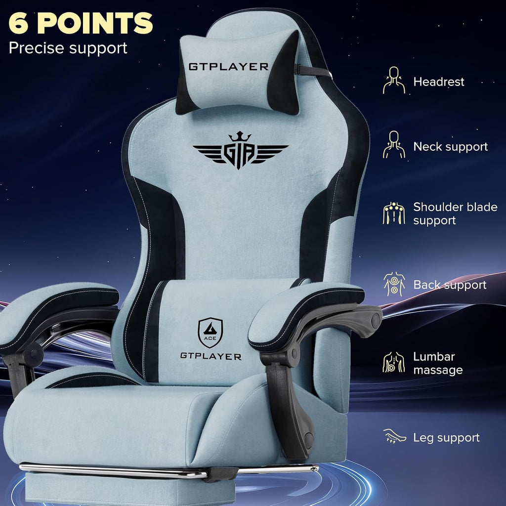 GTPLAYER Gaming Chair, Computer Office Chair Lumbar Support, Linkage Armrests and Footrest, Ergonomic Game Chair for Adults with Extended Backrest, Velvet Fabric, Light Blue