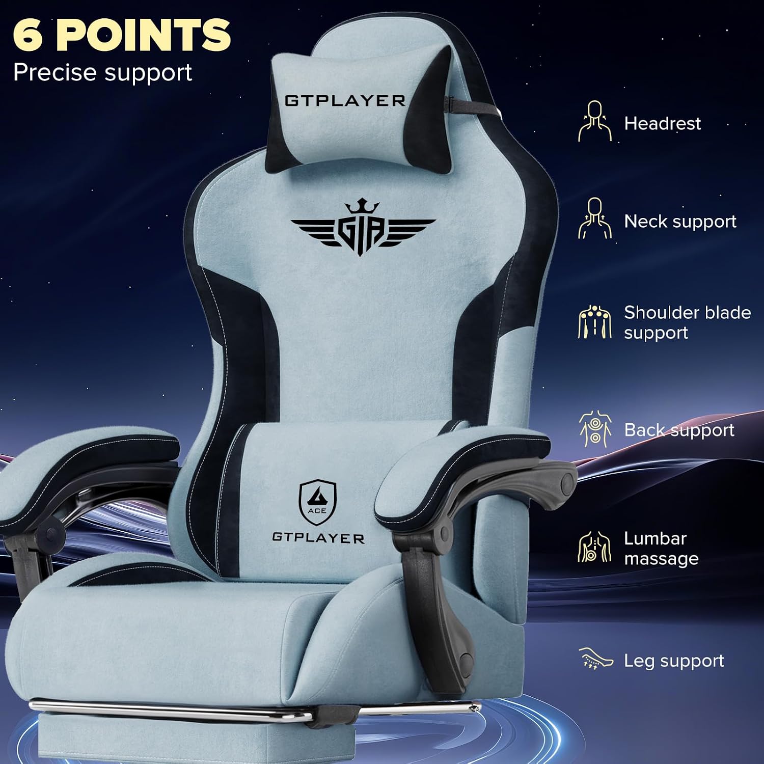 GTPLAYER Gaming Chair, Computer Office Chair Lumbar Support, Linkage Armrests and Footrest, Ergonomic Game Chair for Adults with Extended Backrest, Velvet Fabric, Light Blue