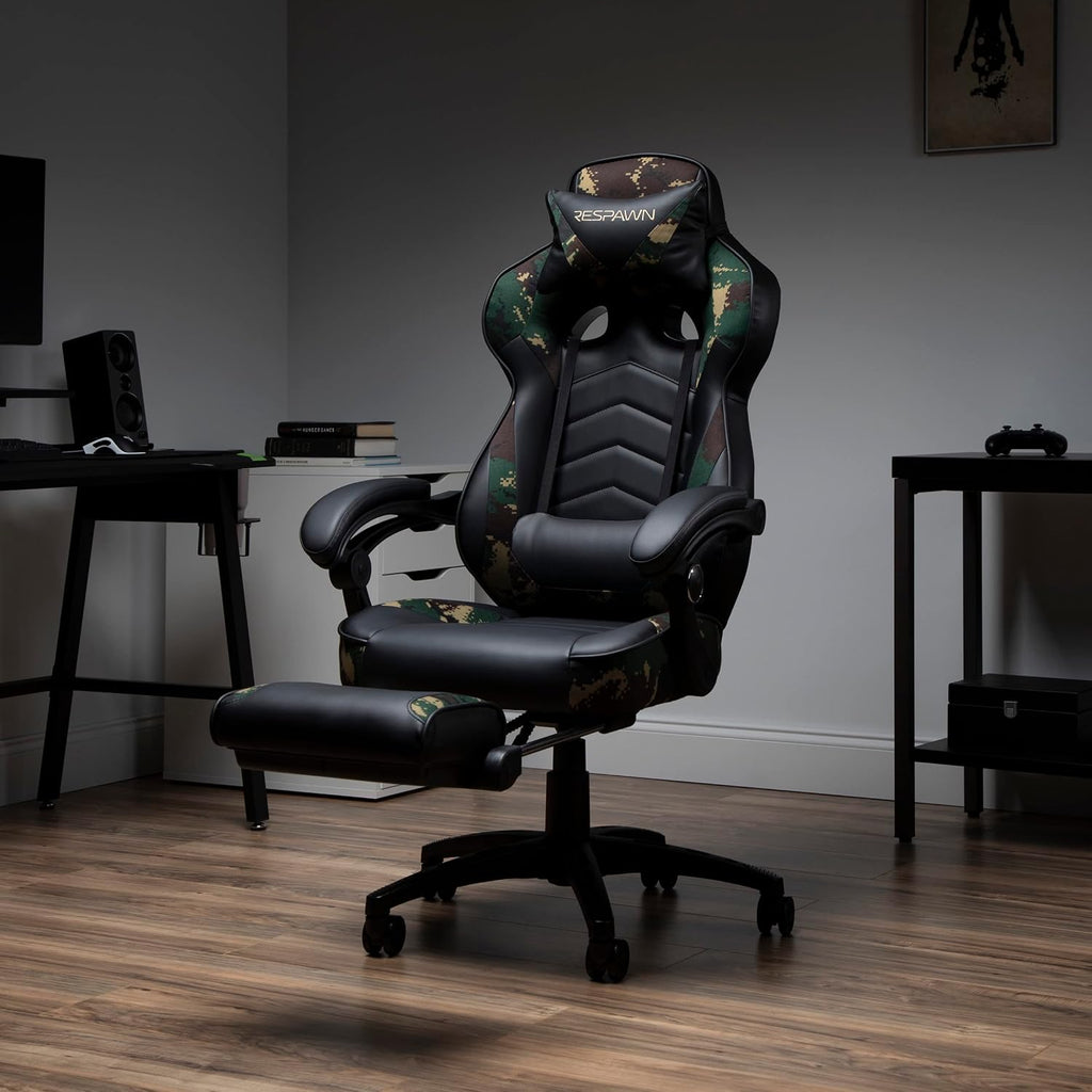 RESPAWN 110 Ergonomic Gaming Chair with Footrest Recliner - Racing Style High Back PC Computer Desk Office Chair - 360 Swivel, Adjustable Lumbar Support, Headrest Pillow, Padded Armrests - 2019 Camo