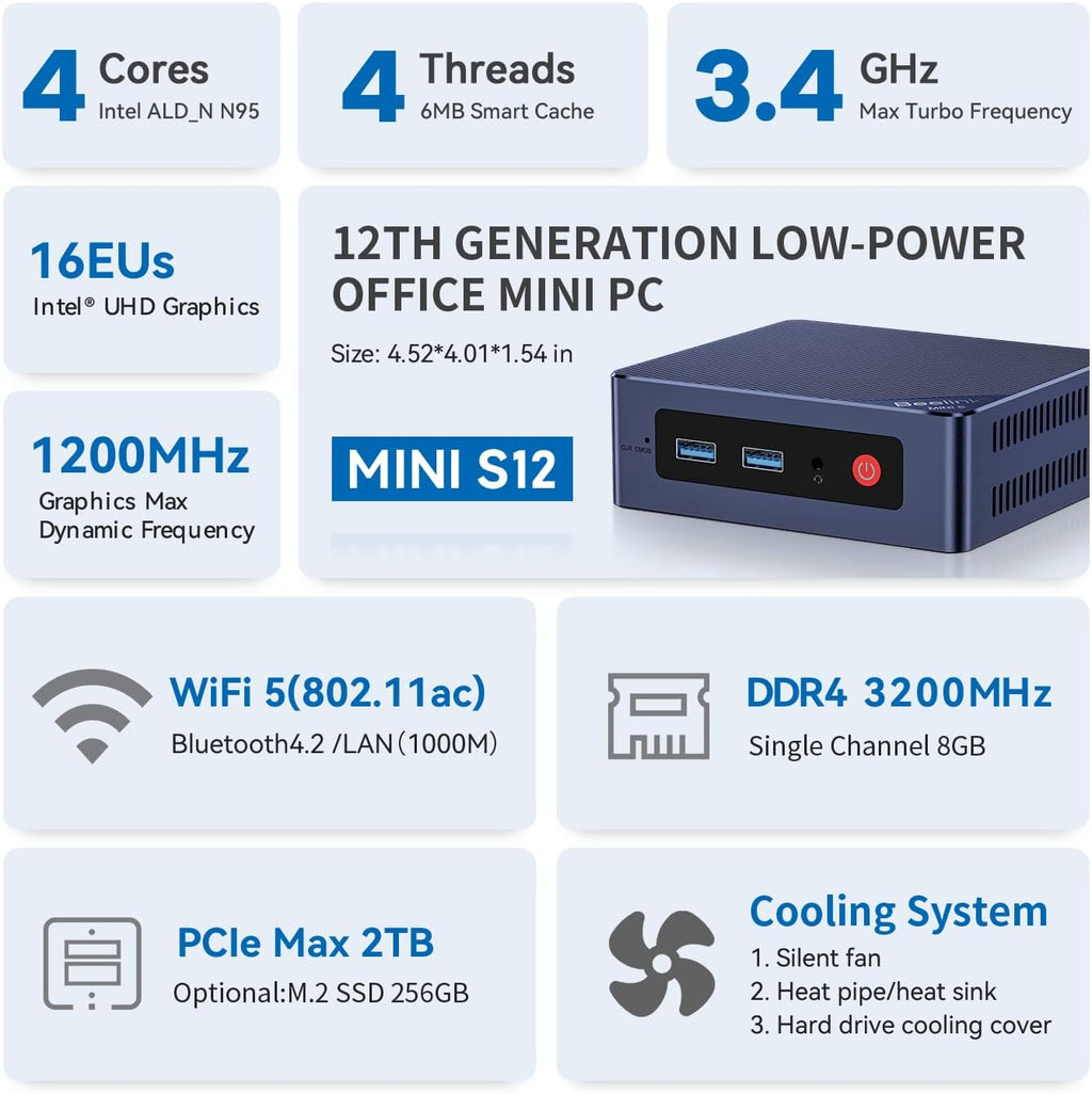 Beelink Mini PC, Mini S12 Intel 12th N95(Up to 3.4GHz), 8GB DDR4 256GB M.2 SSD, Desktop Computers Support 4K Dual HDMI Display/USB3.2/1000Mbps LAN/WOL Home/Office