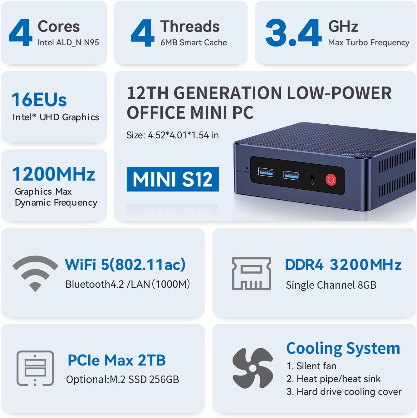 Beelink Mini PC, Mini S12 Intel 12th N95(Up to 3.4GHz), 8GB DDR4 256GB M.2 SSD, Desktop Computers Support 4K Dual HDMI Display/USB3.2/1000Mbps LAN/WOL Home/Office