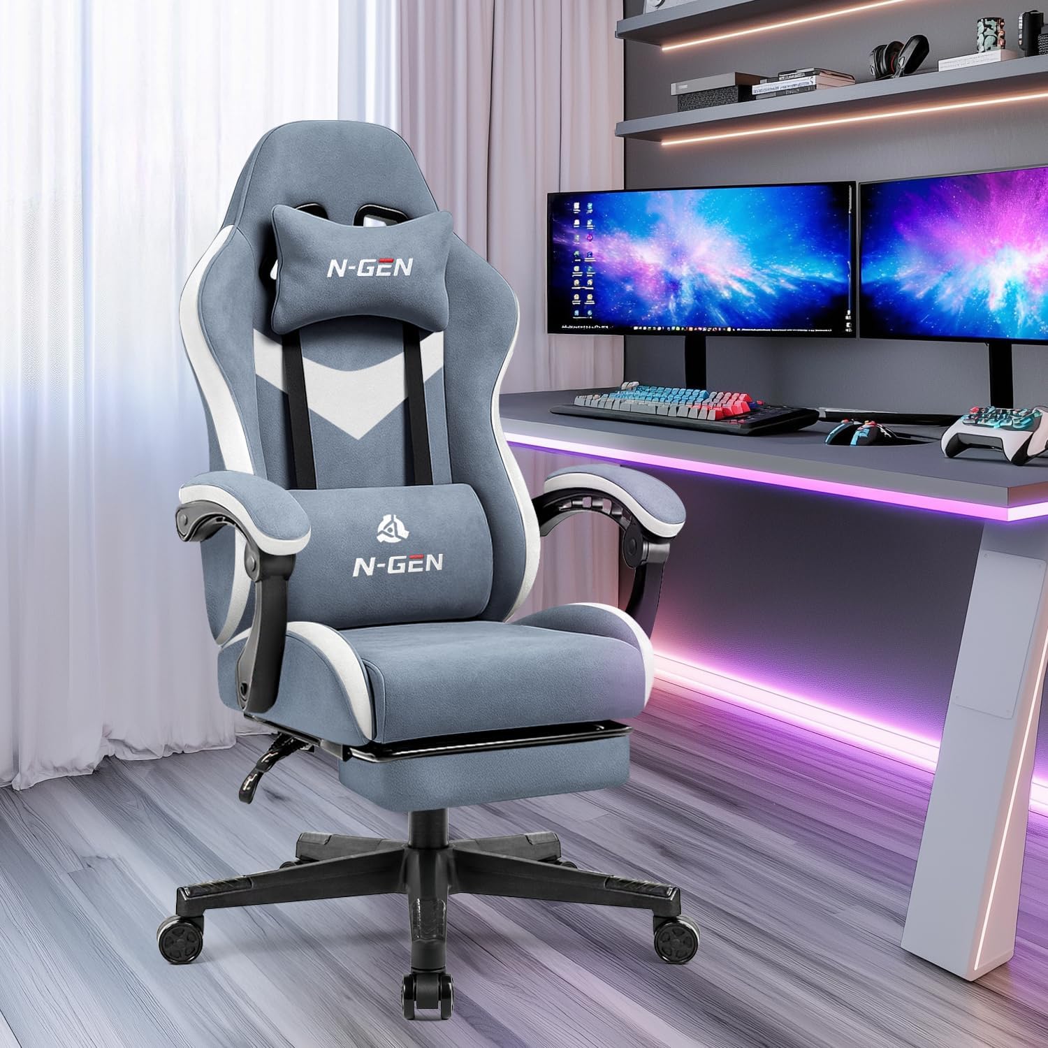 N-GEN GAMING Video Gaming Chair Office Computer Desk Use Ergonomic Reclining Backrest Adjustable Armrests Lumbar Support Footrest High Density Foam Breathable Fabric Heavy Duty Base (Blue)