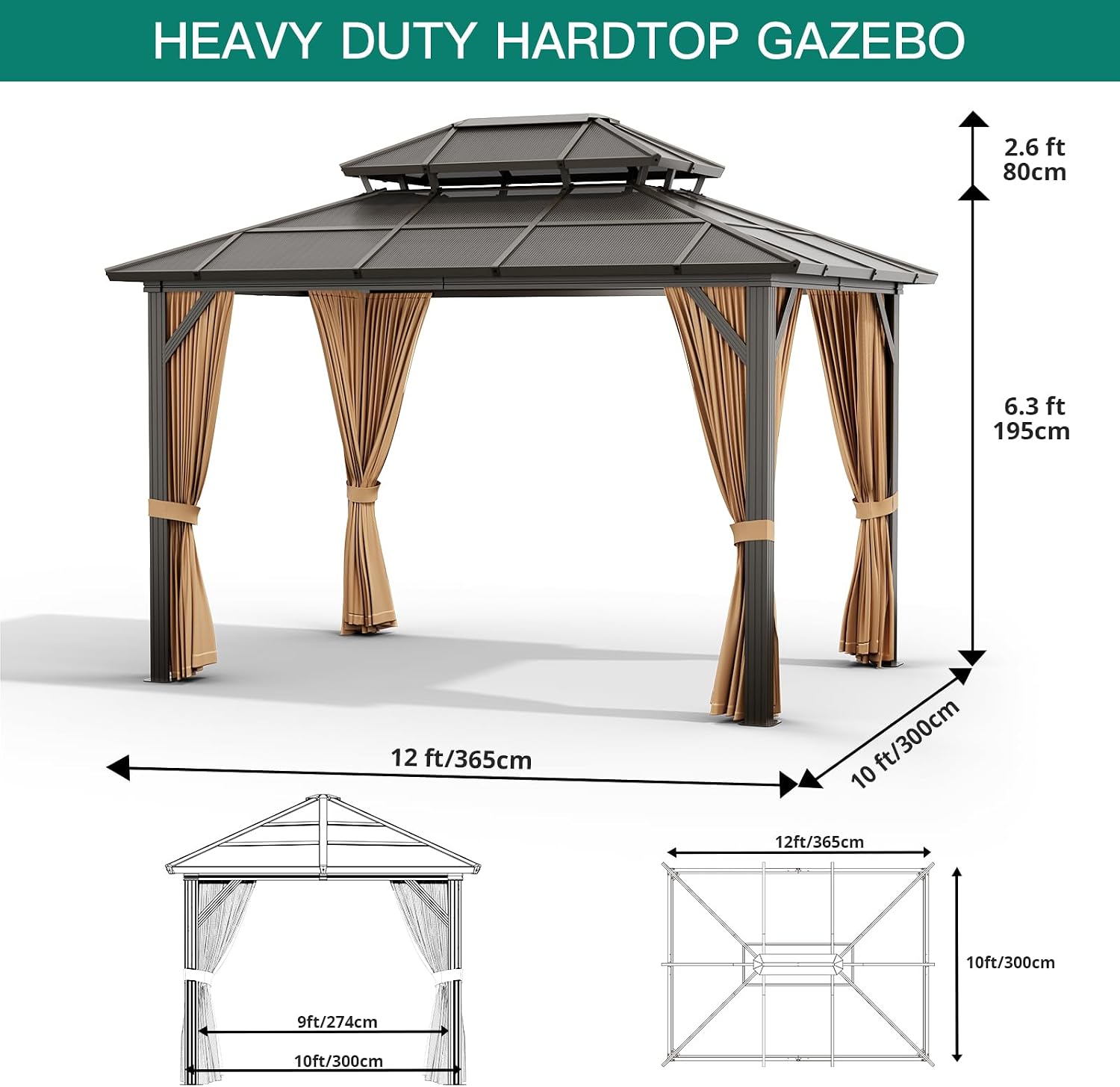 GAOMON 10'x12' Hardtop Gazebo, Outdoor Polycarbonate Double Roof Canopy, Aluminum Frame Permanent Pavilion with Curtains and Netting, Sunshade for Garden, Patio, Lawns (10x12ft)