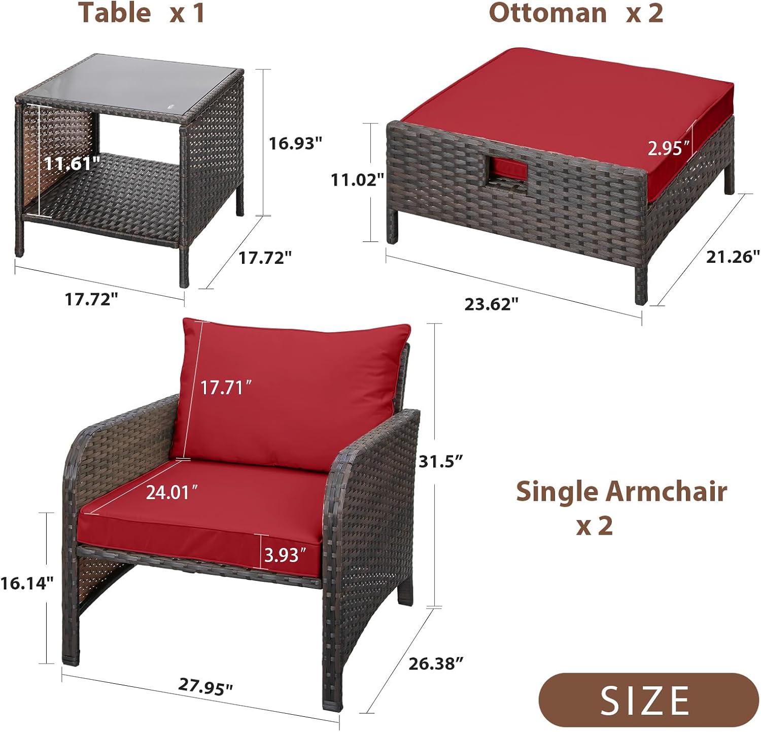 LEVELEVE Balcony Furniture 5 Piece Patio Conversation Set, PE Wicker Rattan Outdoor Lounge Chairs with Soft Cushions 2 Ottoman&Glass Table for Porch, Lawn-Brown Wicker（Wine Red