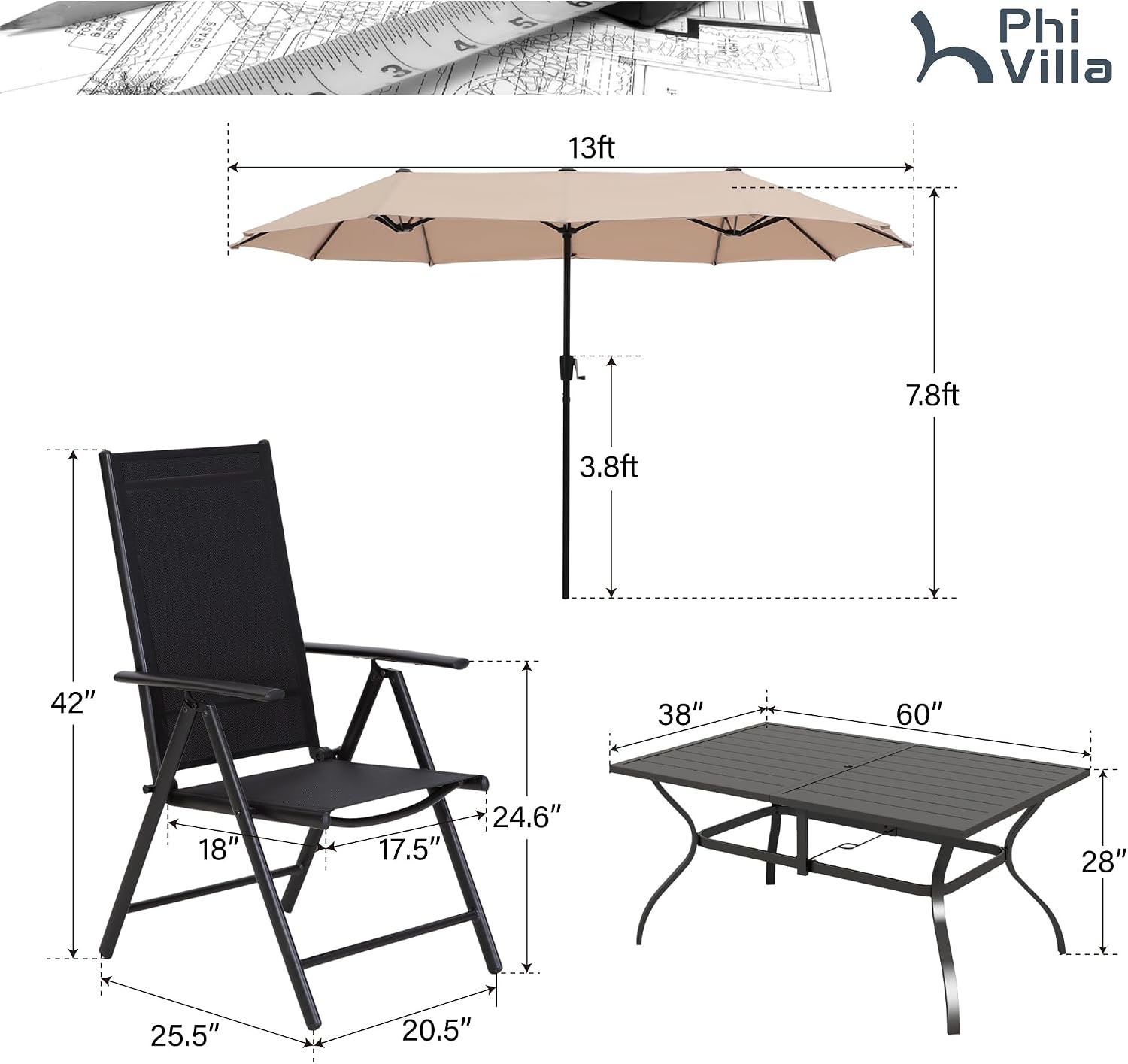 PHI VILLA 7 Piece Patio Dining Furniture Set with Umbrella, Outdoor Table and Chairs for 6, Foldable Patio Dining Chairs (Black) with Adjustable Backrest & Metal Dining Table for Garden, Deck