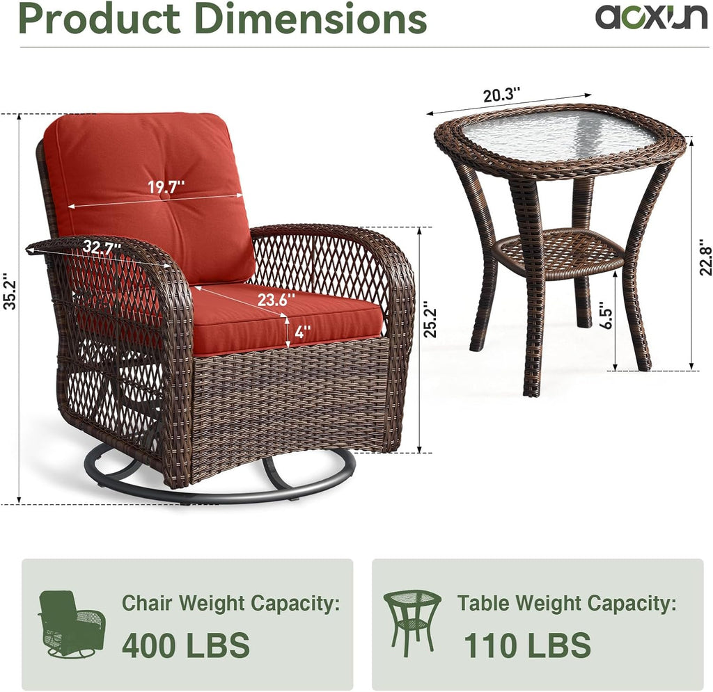 Aoxun 3 Pieces Patio Furniture Set, Patio Swivel Rocker Chairs Set of 2, Wicker Outdoor Bistro Set with Rocking Chair, Thickened Cushions and Table for Porch (Red)