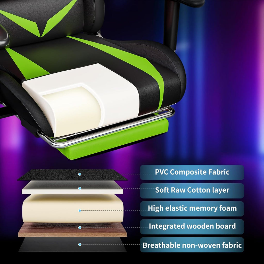 HOFFREE Gaming Chair with Bluetooth Speakers and Led Lights Massage Video Game Chair with Footrest Reclining High Back Computer Gamer Chair Green and Black