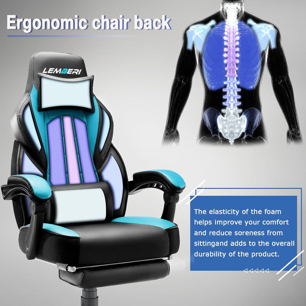 LEMBERI Gaming Chairs for Adults,Ergonomic Video Game Chairs with footrest,Big and Tall Gaming Chair 400lb Weight Capacity, Racing Style Computer Gamer Chair with Headrest and Lumbar Support