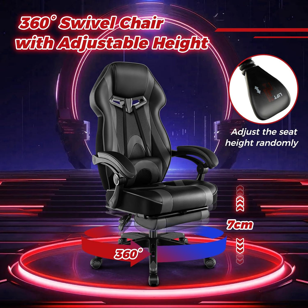 COSTWAY Gaming Chair, Ergonomic Adjustable Racing Video Game Chair w/Retractable Footrest, Padded Headrest & Lumbar Support, High Back Reclining Home Office Computer Gamer Chair for Adults (Grey)