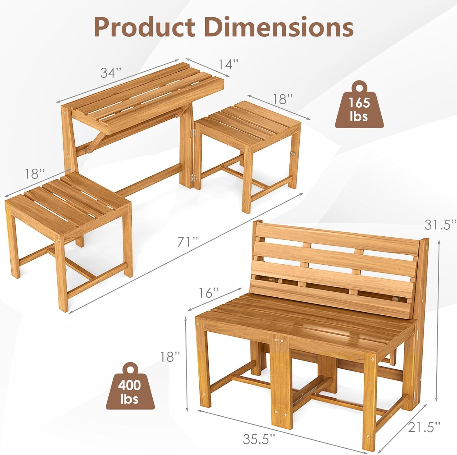 Tangkula 3-in-1 Outdoor Acacia Wood Loveseat Bench Furniture, Patio Table and Chairs Set with Plant Rack Design, for Garden, Porch and Backyard