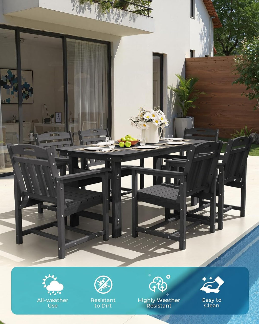 Ciokea HDPE Outdoor Dining Table with Umbrella Hole,66' Rectangle Patio Table for 6,All-Weather Outdoor Patio Furniture Set for Garden Backyard,Black
