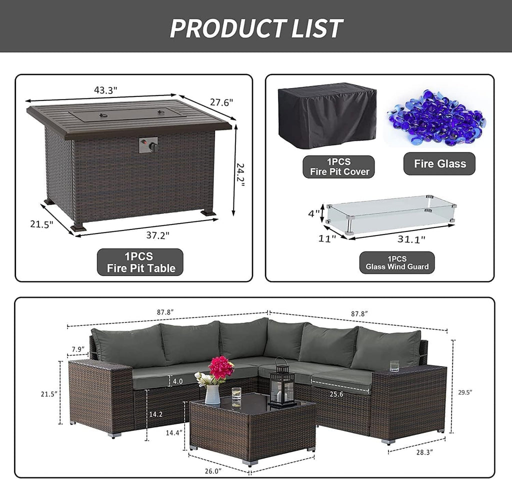 Kullavik 7 Pieces Outdoor Patio Furniture Set with 43' 55000BTU Gas Propane Fire Pit Table PE Wicker Rattan Sectional Sofa Patio Conversation Sets,Grey