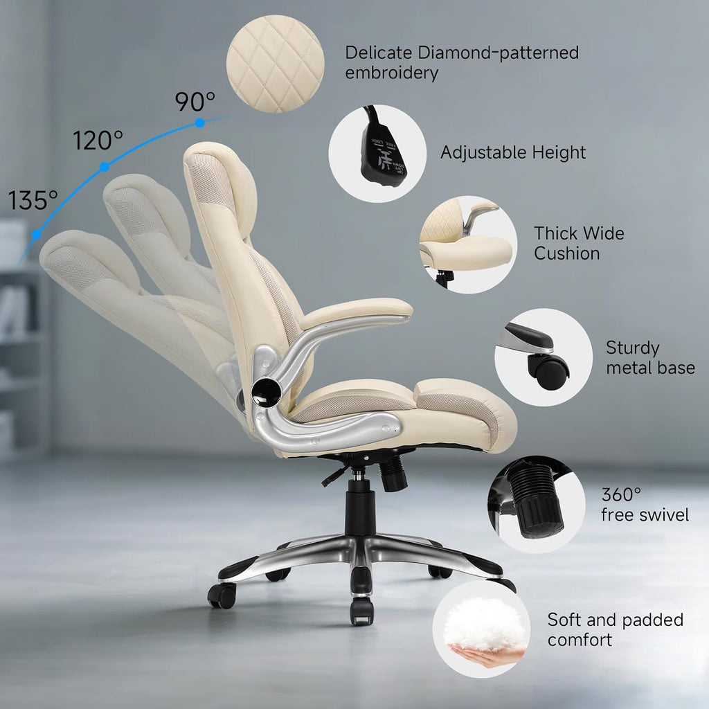 GTPLAYER Big and Tall High Back Office Chair 400LBS Wide Leather Executive Chair Height Adjustable Lumbar Support & Armrests, Comfy Desk Gaming Chairs Computer Swivel Chair, Cream