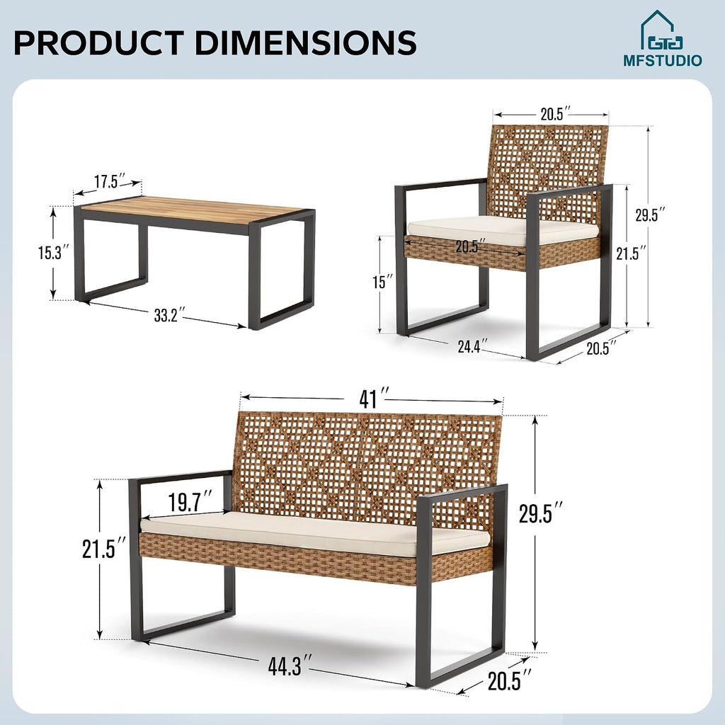 MFSTUDIO 4 Pieces Outdoor Patio Furniture Set, Outdoor Small Brown Rattan Sofa with Acacia Wood Table & Chairs, Patio Loveseat Furniture Set for 4, Beige