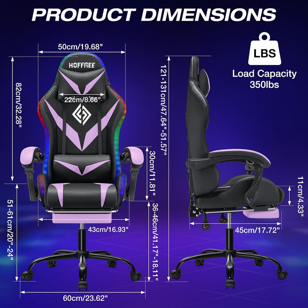 HOFFREE Gaming Chair with LED RGB Lights Massage Ergonomic Video Game Chairs with Footrest High Back Reclining Computer Chair with Adjustable Lumbar Support Purple and Black