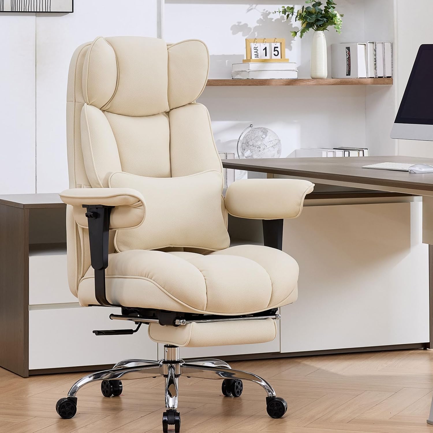 Efomao Big and Tall Office Chair with Footrest - Breathable Mesh Executive Chair, Heavy Duty Computer Desk Chair for Home Office, Ergonomic Lumbar Support & Reclining Mesh Gaming Chair, Beige