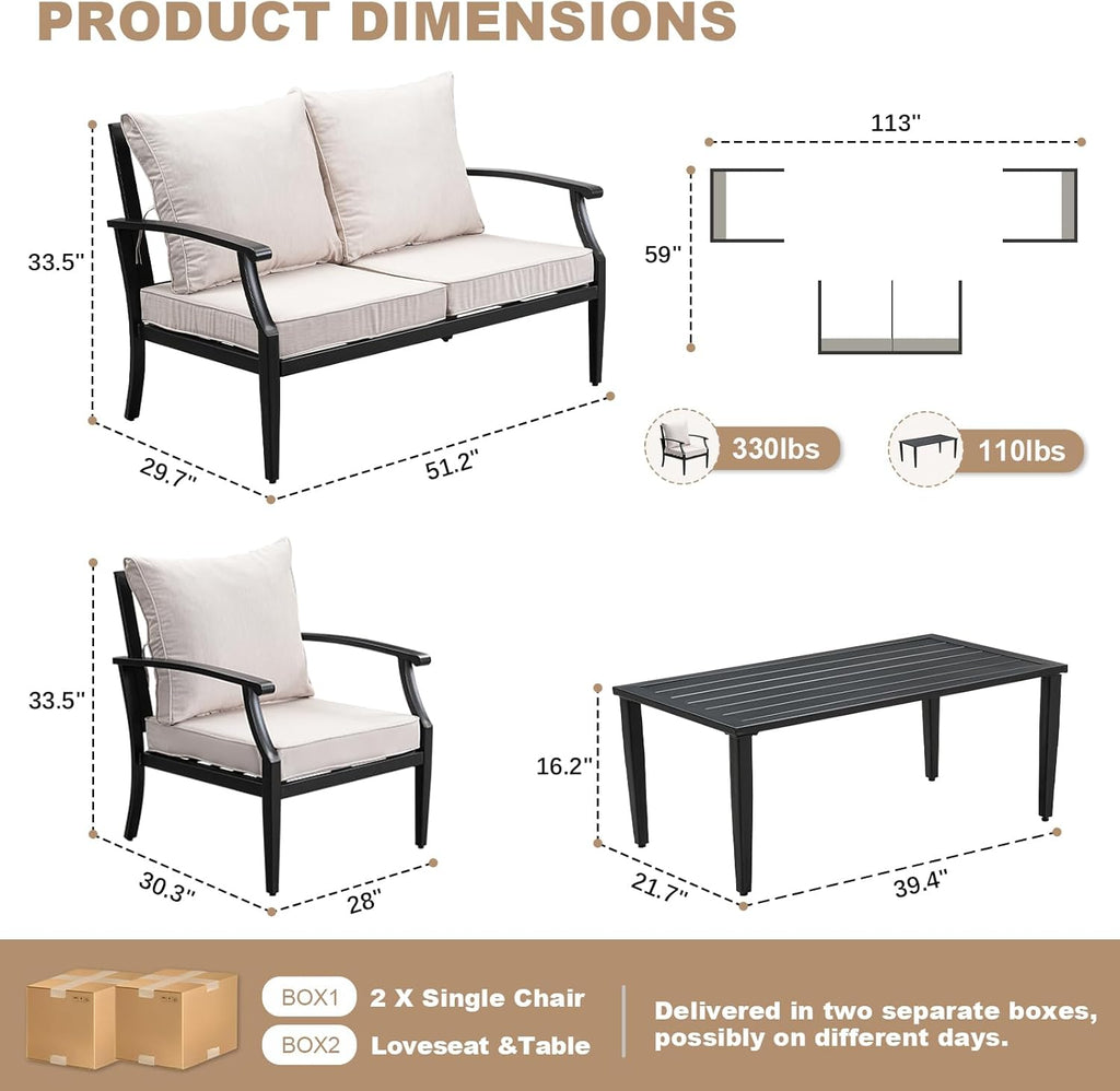 4-Piece Patio Furniture Set, Wider Outdoor Metal Seating Sofa with High Back & Loveseat, Coffee Table, All Weather Metal Conversation Set for Backyard, Poolside, Deck-Beige