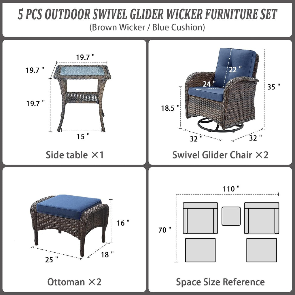 Belord Small Conversation Sets Patio Funiture - 5 Piece Outdoor Swivel Rocker Wicker Furniture Sets with Ottomans Side Table Perfect for Patio Deck Backyard, Brown Wicker Blue Cushion