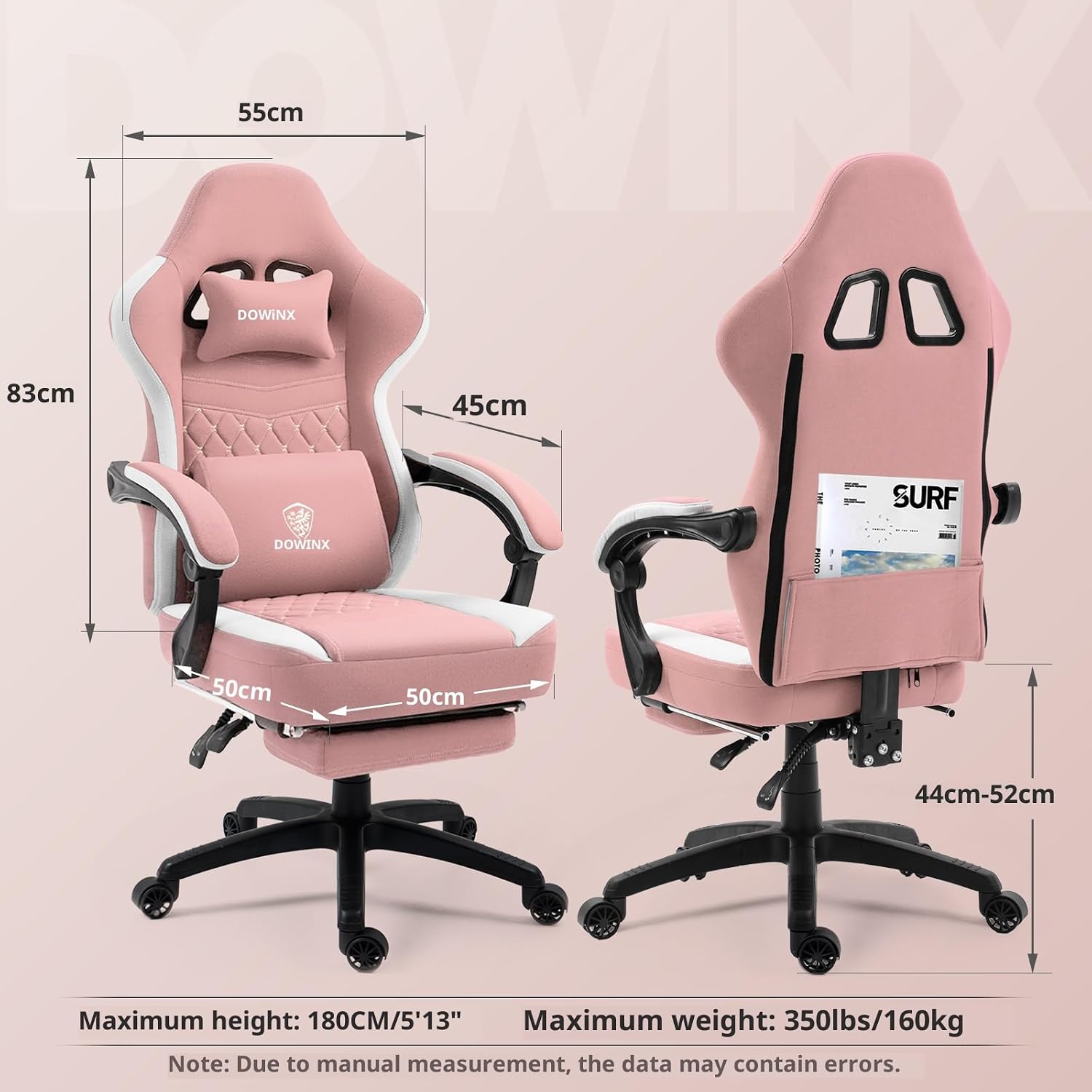 Dowinx Gaming Chair Breathable Fabric Game Chair with Gel Pad and Storage Bag, Comfortable Gamer Chair with Pocket Spring Cushion,Ergonomic Computer Chair with Footrest,Pink