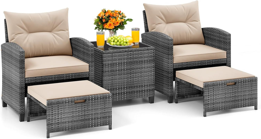 KOTEK 5 Pieces Patio Furniture Set with Ottomans, Wicker Patio Conversation Set with Coffee Table & Cushions, PE Rattan Outdoor Lounge Chairs for Backyard, Porch, Poolside (Mix Grey- Beige)