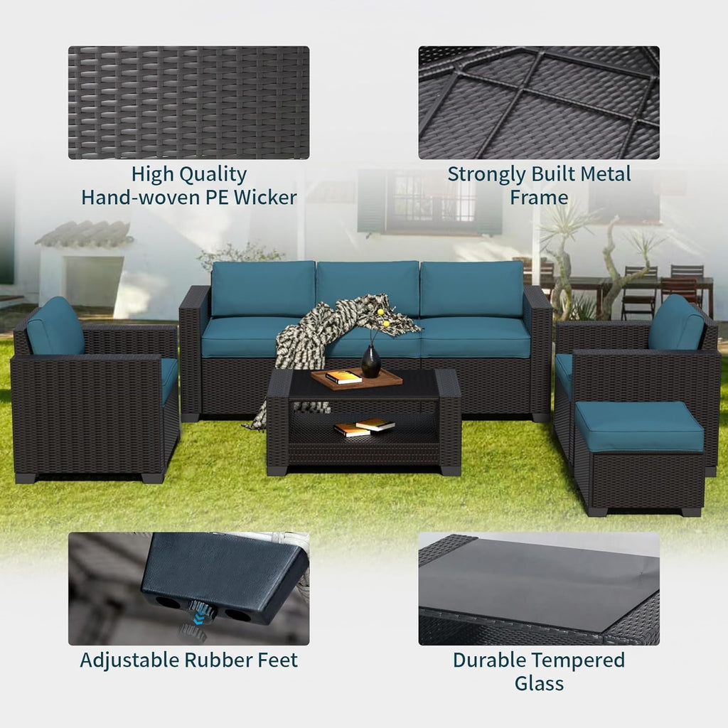 YLGJ&TIDY 7 PCS Outdoor Wicker Furniture Set Sectional Rattan Sofa Couch with Thick Cushions Glass Top Coffee Table Patio Conversation Set for Garden Backyard (Dark Brown Rattan & Peacock Blue)