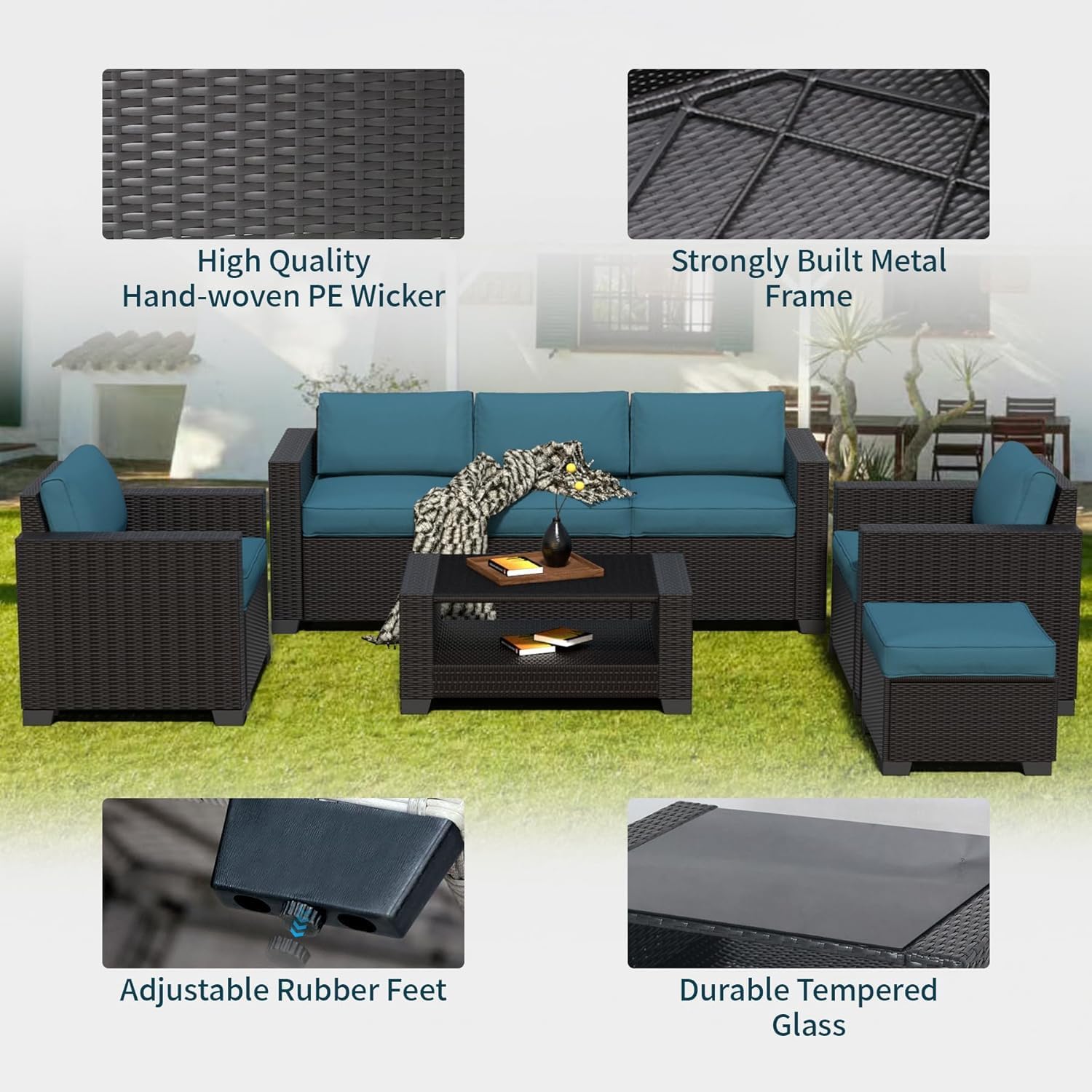 YLGJ&TIDY 7 PCS Outdoor Wicker Furniture Set Sectional Rattan Sofa Couch with Thick Cushions Glass Top Coffee Table Patio Conversation Set for Garden Backyard (Dark Brown Rattan & Peacock Blue)