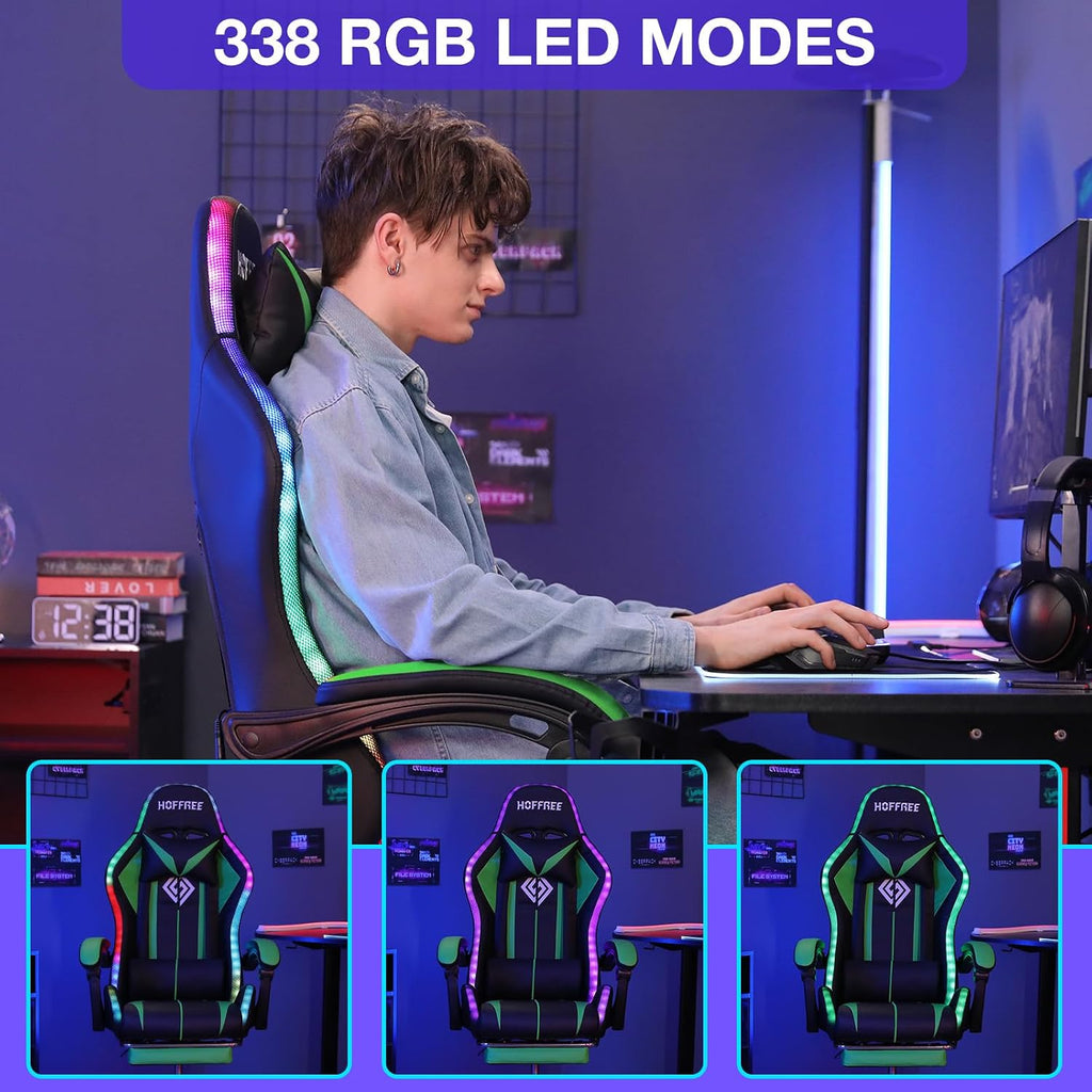 RGB Gaming Chair with LED Lights Massage Ergonomic Computer Gaming Chair High Back Video Game Chair with Footrest and Adjustable Lumbar Support Linkage Armrest Gamer Chairs for Adults Green and Black
