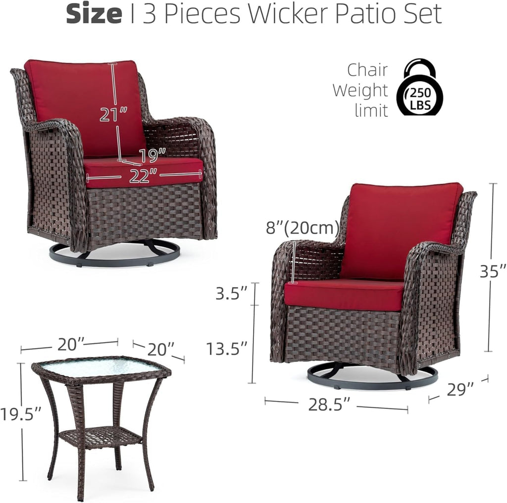 GarveeHome 3-Piece Outdoor Wicker Rattan Swivel Rocking Chair Set with Armored Glass Side Table & Premium Cushions - 360° Swivel Patio Furniture for Backyard, Porch, Deck, Balcony, Garden, Red
