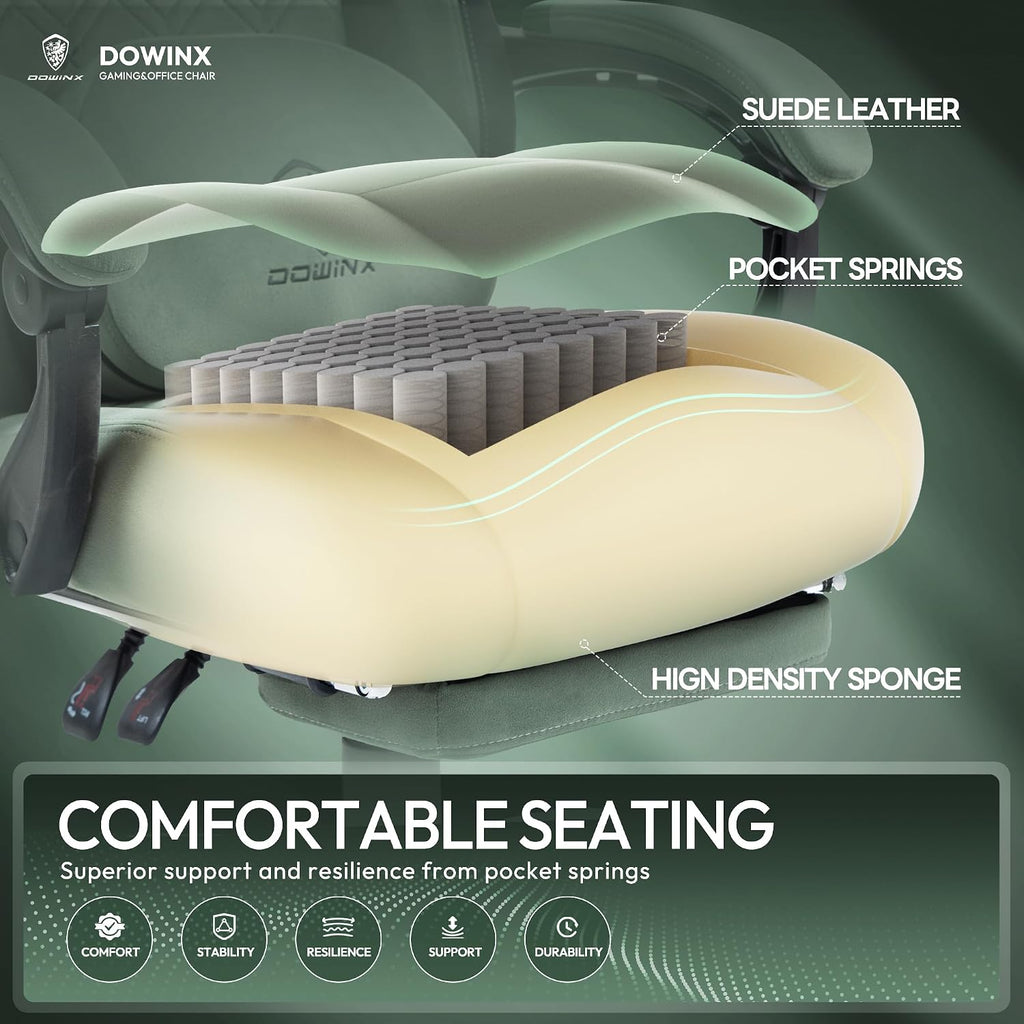 Dowinx Fabric Gaming Chair with Heated Massage Lumbar Support, Game Chairs for Adults, Big and Tall Gamer Chair with Pocket Spring Cushion, High Back PC Chairs with Footrest, Green