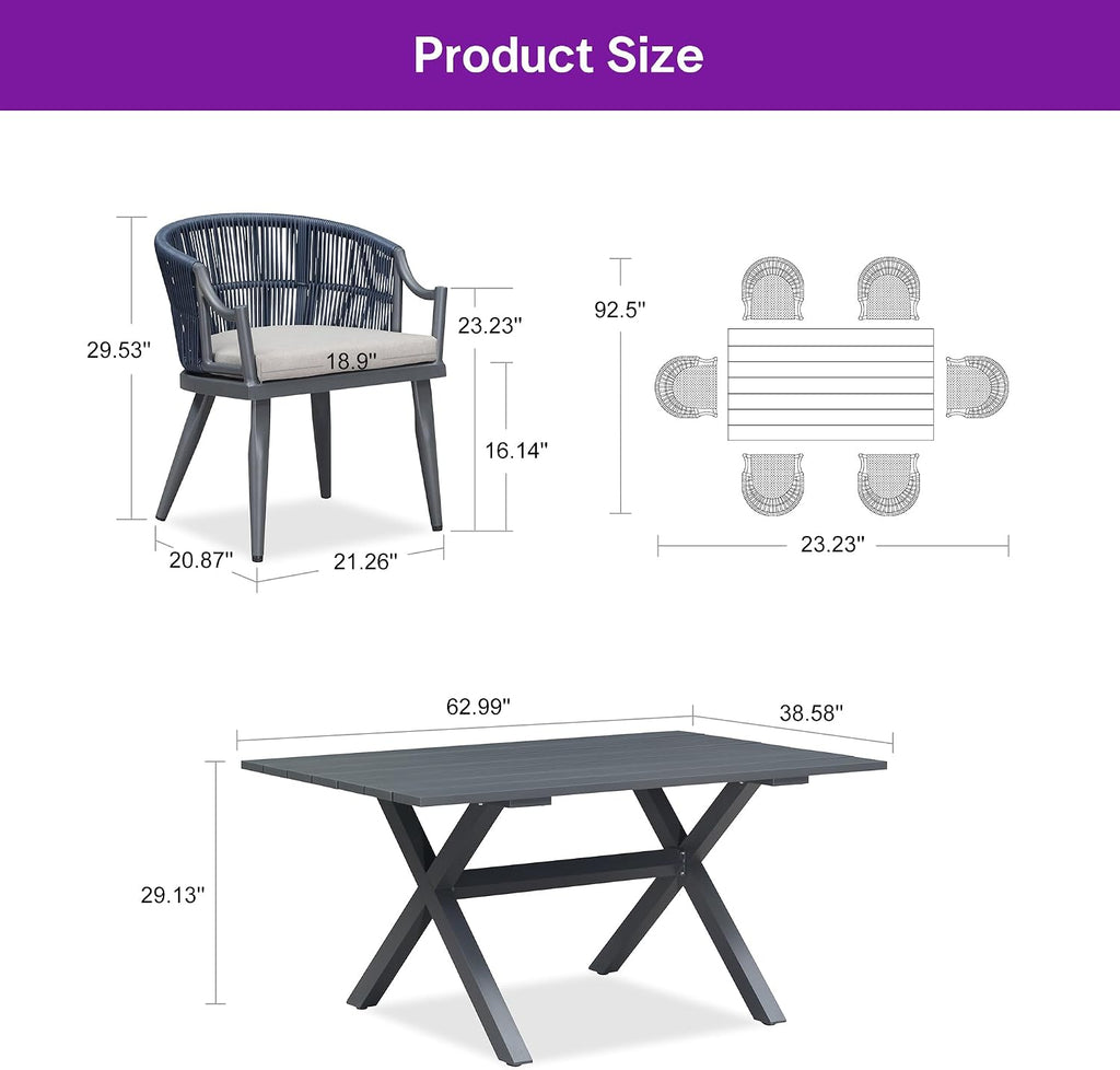 PURPLE LEAF Outdoor Dining Set for 6 with Storage Box All Weather Wicker Patio Dining Set with Rectangular Aluminum Table and Modern Armrest Dining Chairs for Garden Deck Backyard Kitchen, Grey