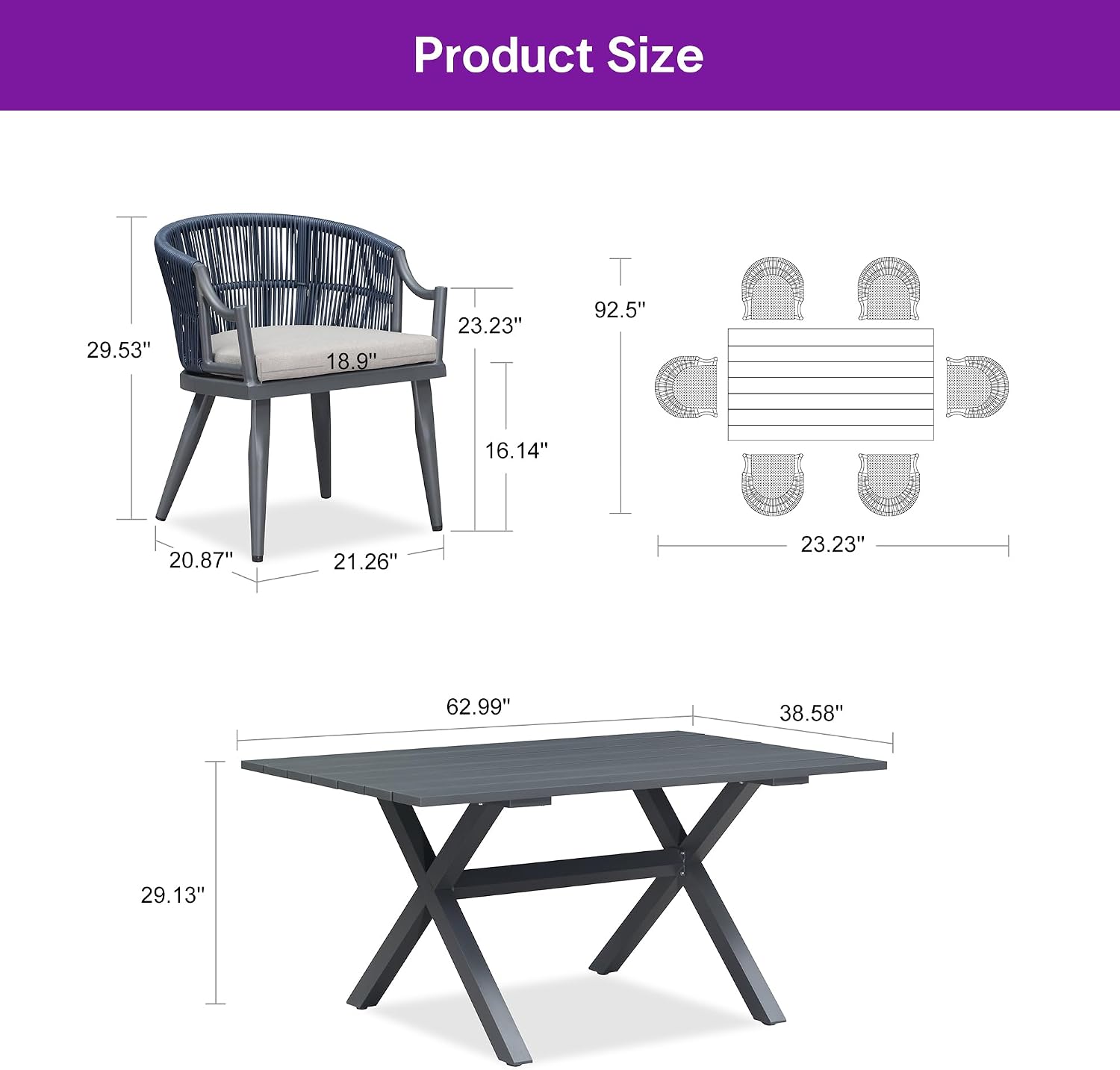 PURPLE LEAF Outdoor Dining Set for 6 with Storage Box All Weather Wicker Patio Dining Set with Rectangular Aluminum Table and Modern Armrest Dining Chairs for Garden Deck Backyard Kitchen, Grey