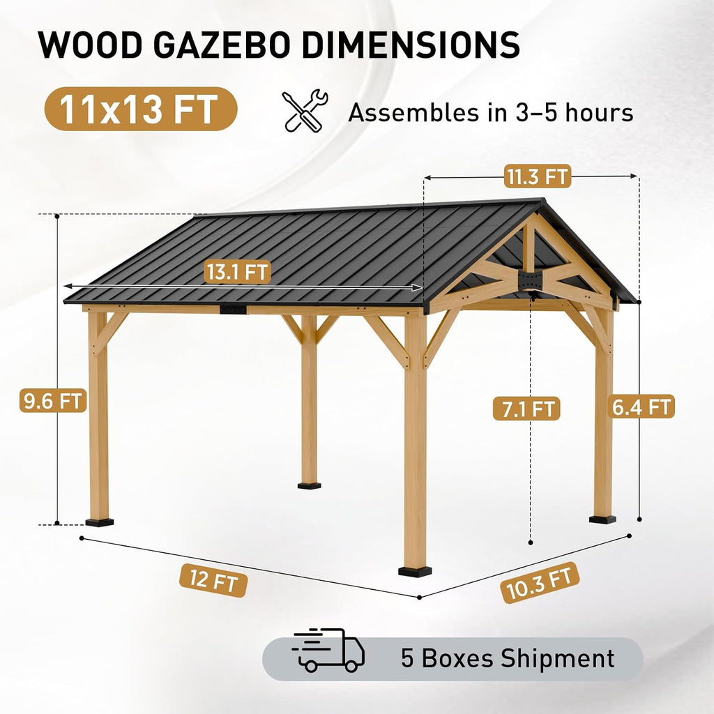 EAGLE PEAK 11x13 Hardtop Gazebo, Exposed Beam Rustic Gazebo, Galvanized Steel Gable Roof with Cedar Wood Frame, Outdoor Pavilion for Patio, Deck, Lawn and Garden Natural Wood/Black