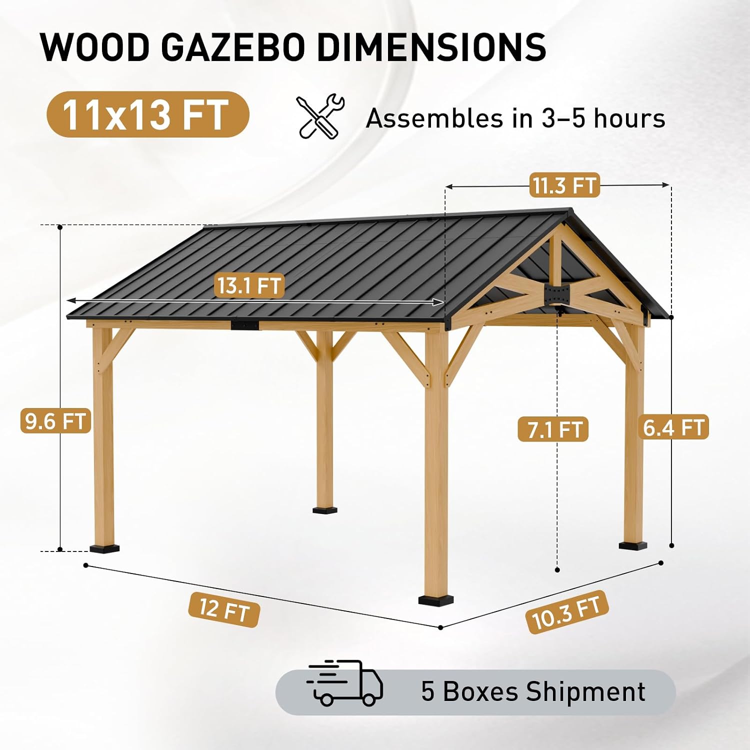 EAGLE PEAK 11x13 Hardtop Gazebo, Exposed Beam Rustic Gazebo, Galvanized Steel Gable Roof with Cedar Wood Frame, Outdoor Pavilion for Patio, Deck, Lawn and Garden Natural Wood/Black