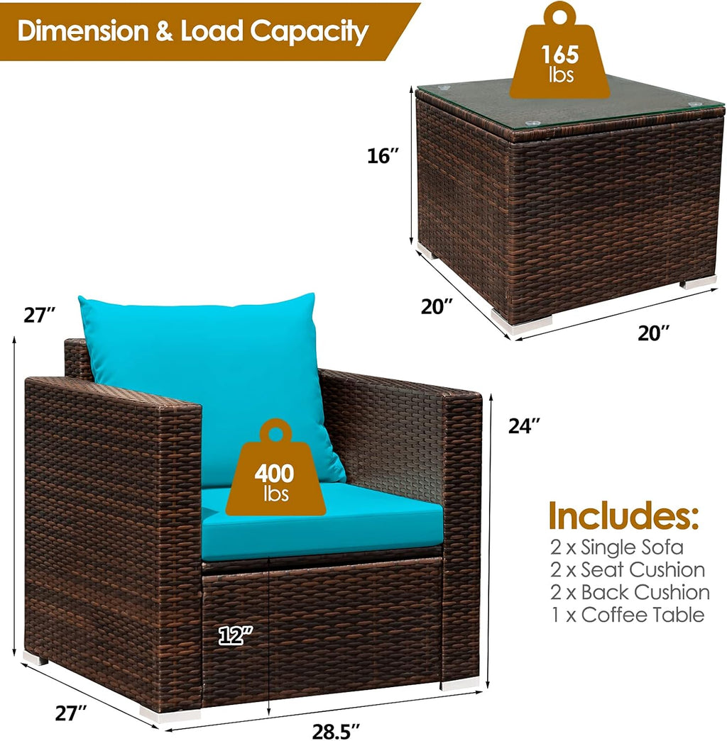 HAPPYGRILL 3 Pieces Patio Furniture Set PE Rattan Wicker Sofa Set with Cushions and Coffee Table Outdoor Patio Conversation Set for Garden Poolside Balcony