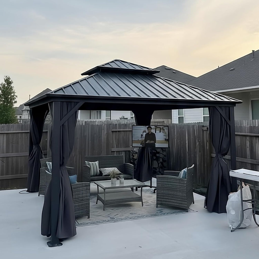 PURPLE LEAF 12' X 12' Permanent Hardtop Gazebo Outdoor Aluminum Gazebo with Galvanized Steel Double Roof for Patio Lawn Garden Aluminum with Netting and Curtains Grey