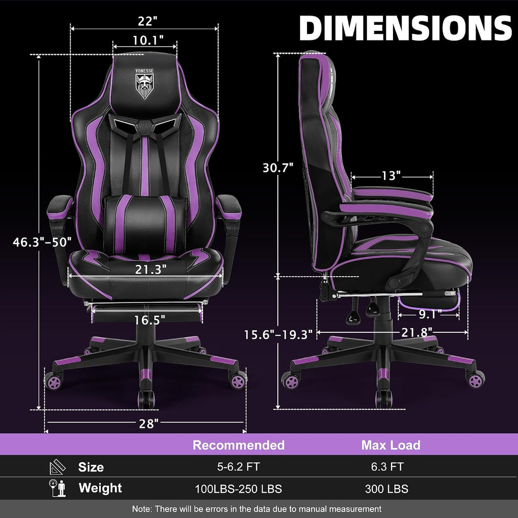 Vonesse Purple Gaming Chair with Footrest, Reclining Computer Gaming Chairs for Adults, Ergonomic Gamer Chair with Massage, Big and Tall PC Game Chair(Purple/Black)