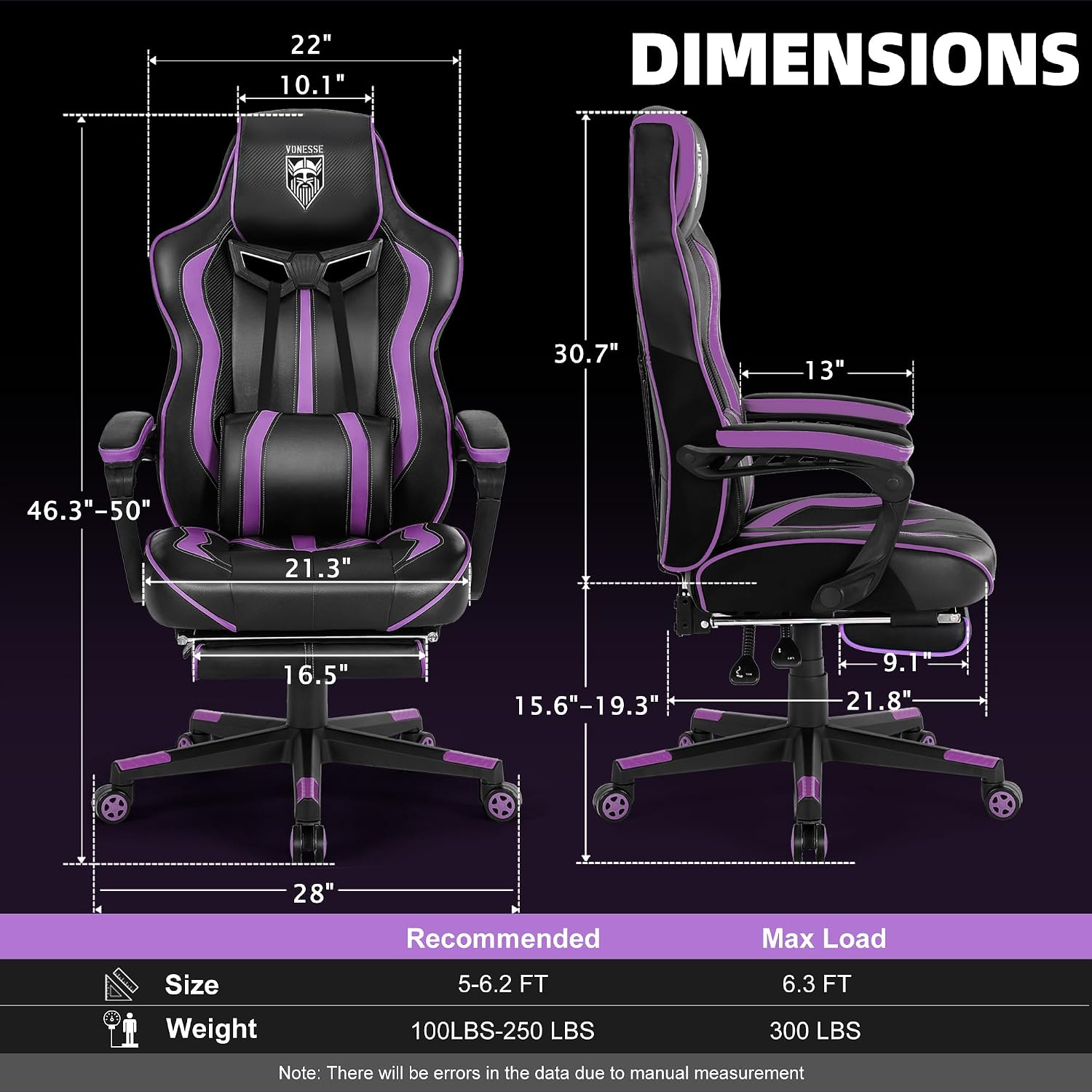 Vonesse Purple Gaming Chair with Footrest, Reclining Computer Gaming Chairs for Adults, Ergonomic Gamer Chair with Massage, Big and Tall PC Game Chair(Purple/Black)