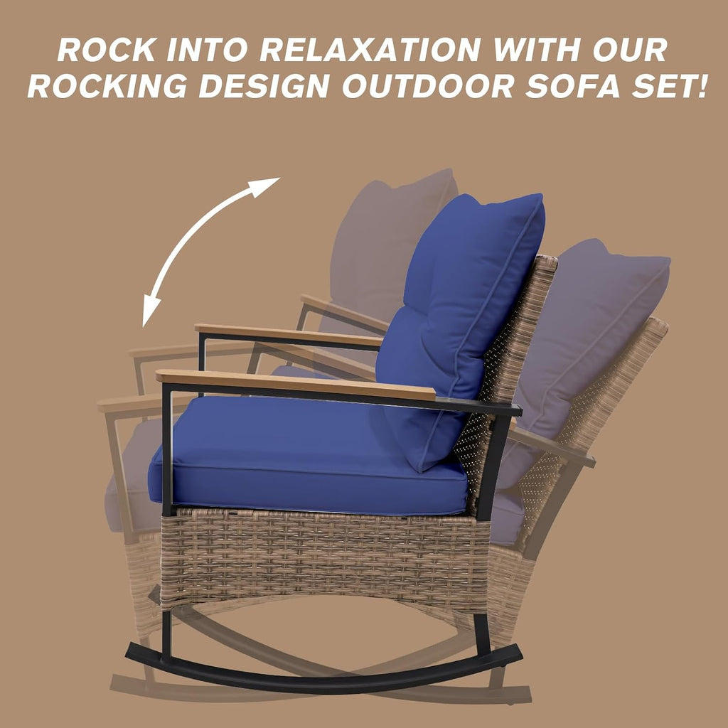 COOS BAY Sunset Haven 3 Piece Outdoor Patio Furniture Set, Rocking Chairs with Side Table, Wicker Patio Bistro Set, Brown/Blue
