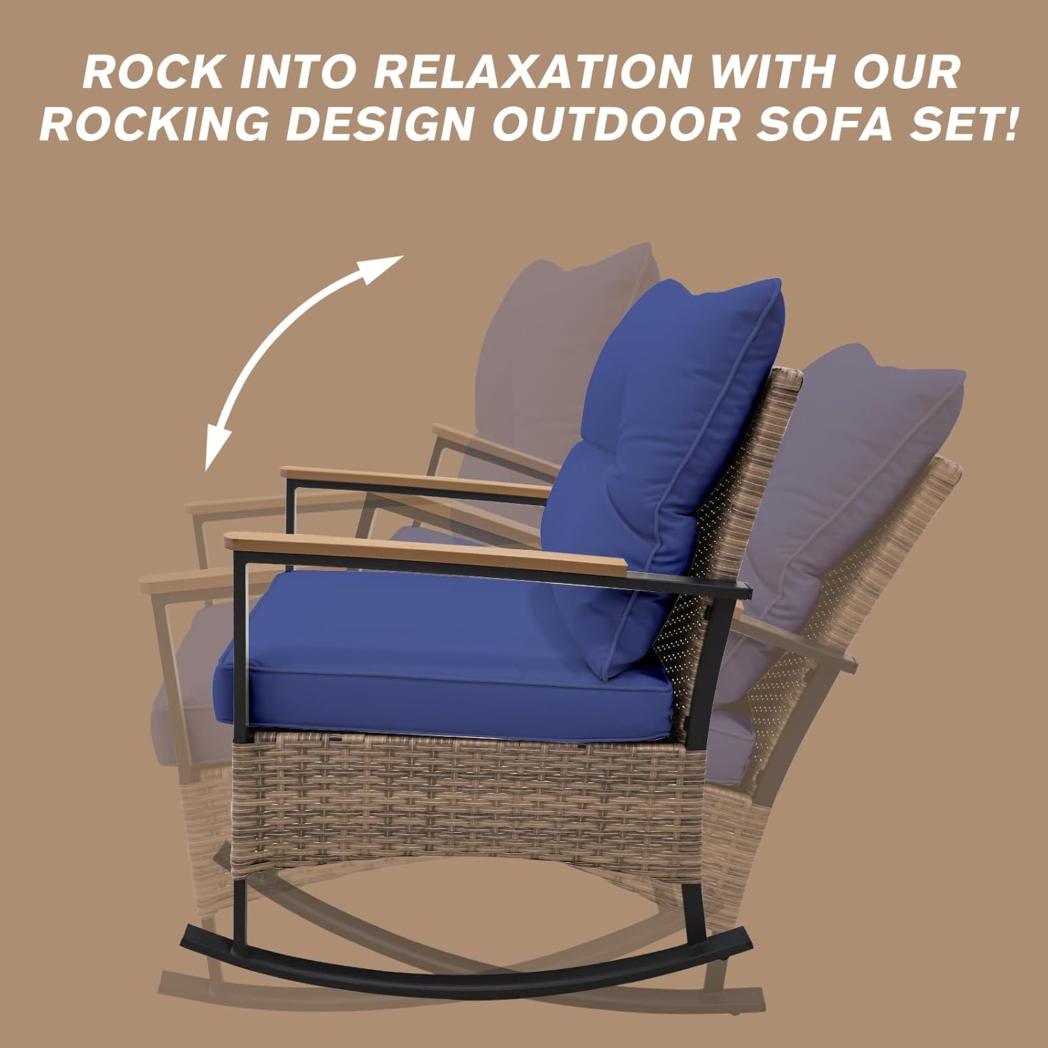 COOS BAY Sunset Haven 3 Piece Outdoor Patio Furniture Set, Rocking Chairs with Side Table, Wicker Patio Bistro Set, Brown/Blue