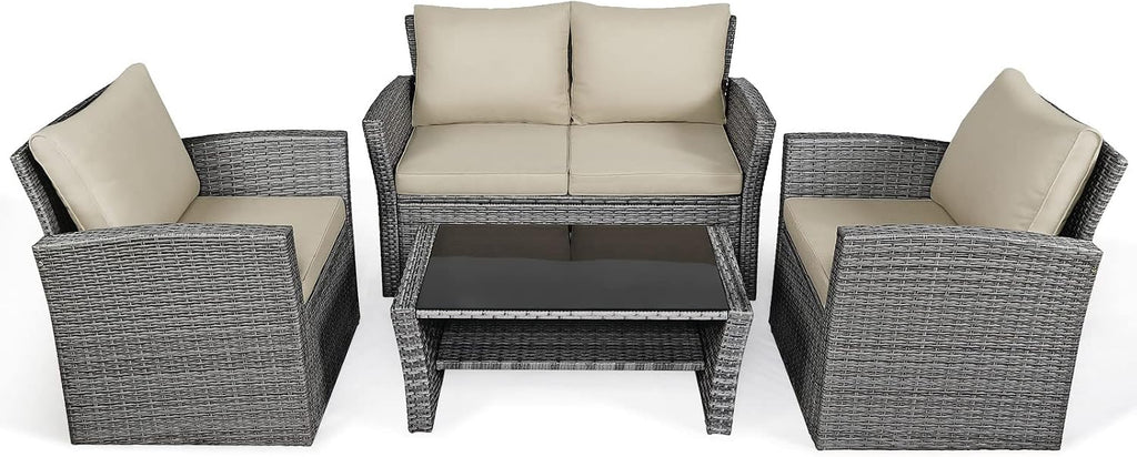 COSTWAY 4 Pieces Patio Rattan Furniture Set, Outdoor Wicker Sofa Set with Tempered Glass Coffee Table, Cushions, All Weather Rattan Conversation Set for Yard Balcony Backyard Pool (Khaki)