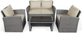 COSTWAY 4 Pieces Patio Rattan Furniture Set, Outdoor Wicker Sofa Set with Tempered Glass Coffee Table, Cushions, All Weather Rattan Conversation Set for Yard Balcony Backyard Pool (Khaki)