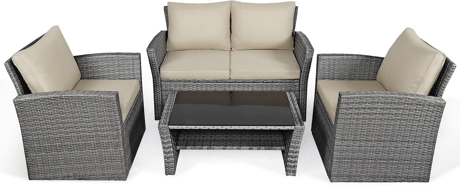 COSTWAY 4 Pieces Patio Rattan Furniture Set, Outdoor Wicker Sofa Set with Tempered Glass Coffee Table, Cushions, All Weather Rattan Conversation Set for Yard Balcony Backyard Pool (Khaki)