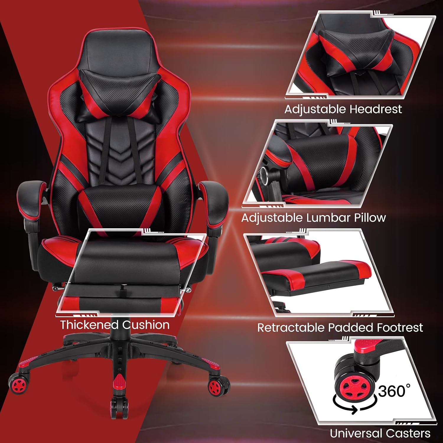 Goplus Gaming Chair, Computer Chair with Footrest and Lumbar Support, Height Adjustable Executive Swivel Rolling Task Chair with 90°-155° Tilt Function (Red)